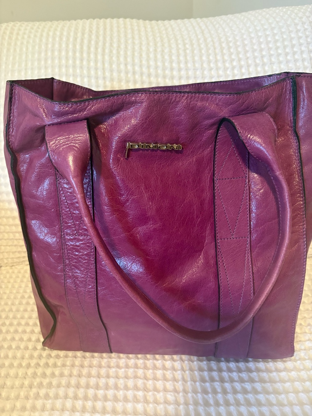 Dimoni Plum Leather Tote with Stitched Shoulder Straps